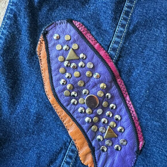 Lizwear Jeans Women's Upcycled Custom Button Up Denim Jacket Studded Patches - Picture 2 of 10